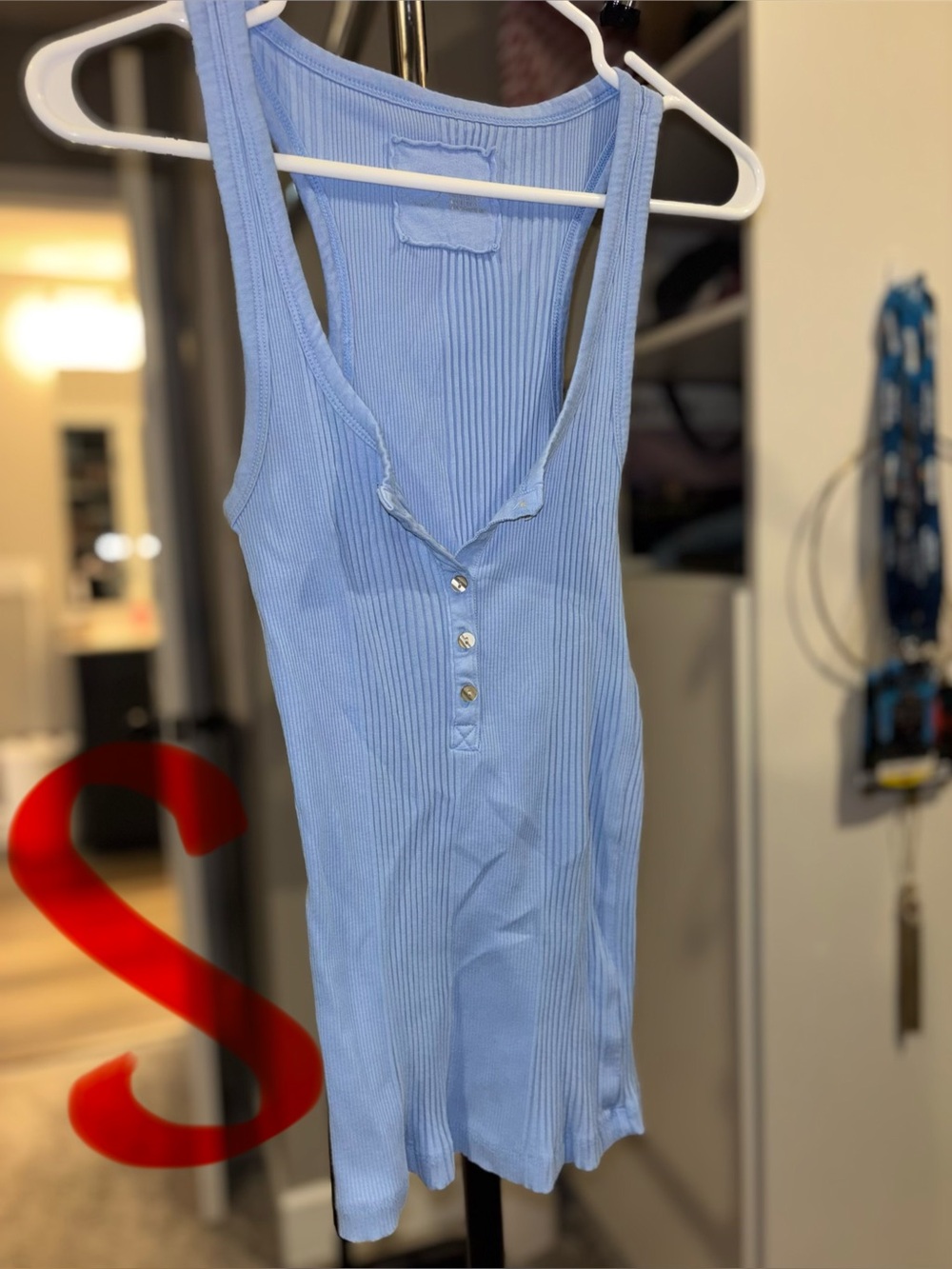 Light Blue Ribbed Henley Tank Top - Women